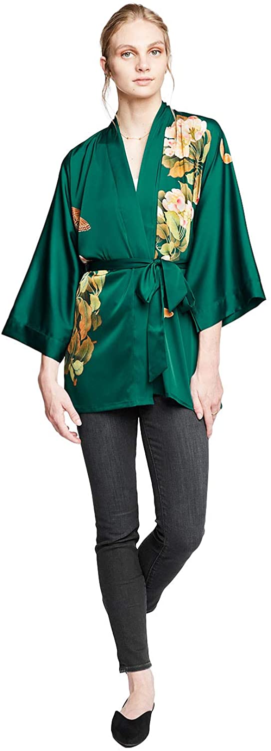 Price:$88.00 KIM+ONO Charmeuse Kimono Jacket - Peony & Butterfly - Emerald (Green) at Amazon Women’s Clothing store