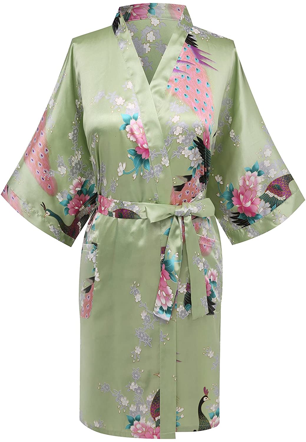 Price:$9.99 expressbuynow Womens Peacock Short Bridal Kimono Robe Satin Bridesmaid Dressing Gown Sleepwear, Green at Amazon Women’s Clothing store
