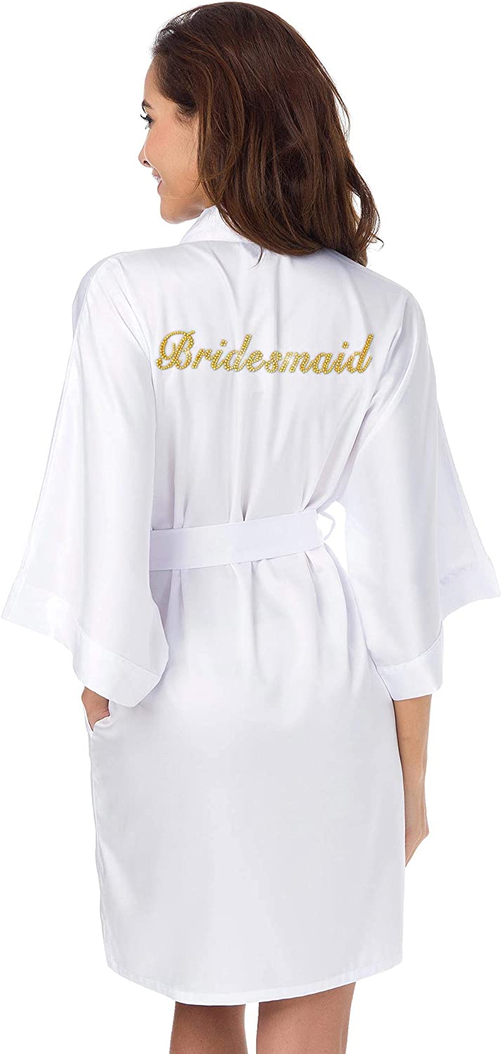 Price:$14.99 SIORO Personalized Bridal Party Robes for Bridesmaid Bride Short Satin Bathrobe at Amazon Women’s Clothing store