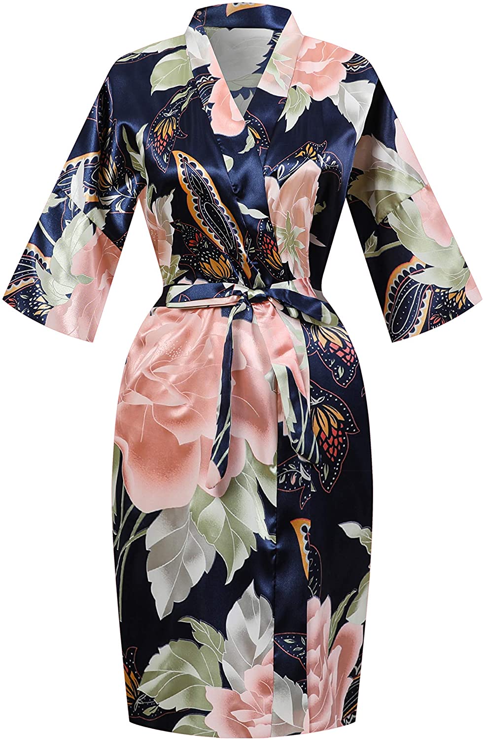 Price:$9.99 SEALINF Women’s One Size Floral Bridal Robe Bride Bridesmaid Short Kimono for Wedding Parties Getting Ready (Navy) at Amazon Women’s Clothing store