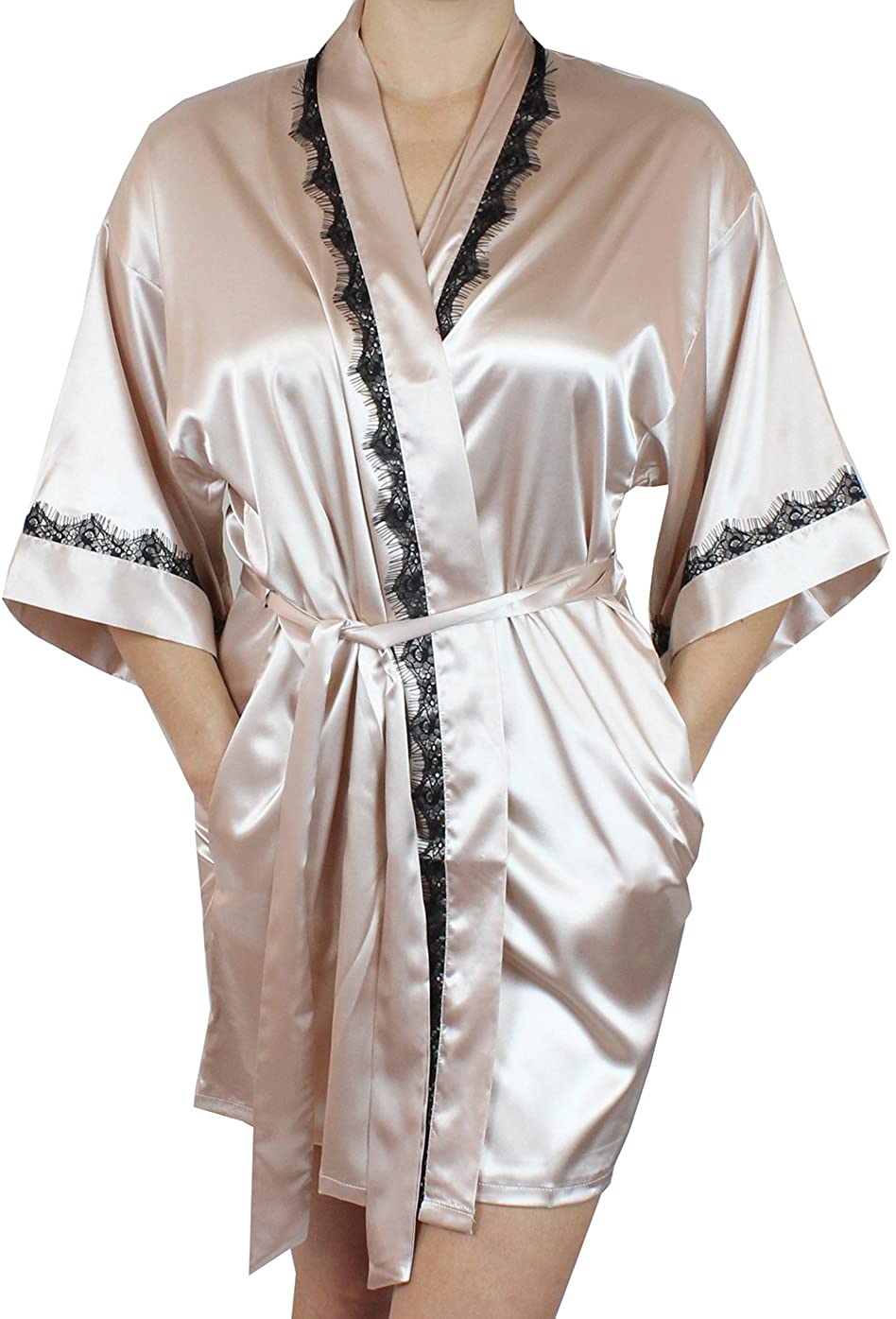 Price:$8.90 Women’s Satin Kimono Bridesmaid Short Silky Bathrobe Robe with Lace Trim at Amazon Women’s Clothing store