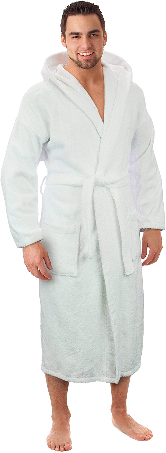 Price:$29.90 Hooded Terry Bathrobe for Women and Men, Turkish Cotton Terry Cloth Robe (White, Small) at Amazon Men’s Clothing store