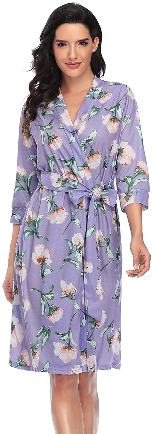 Price:$29.99 Women Floral Printed Soft Nightgown Robes Lightweight Knit Thin Short Bathrobe Sleepwear Ladies at Amazon Women’s Clothing store