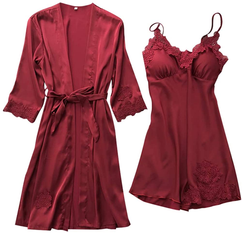 Price:$7.79    EOWEO Lingerie Women Silk Lace Robe Dress Babydoll Nightdress Sleepwear Kimono Set  Clothing