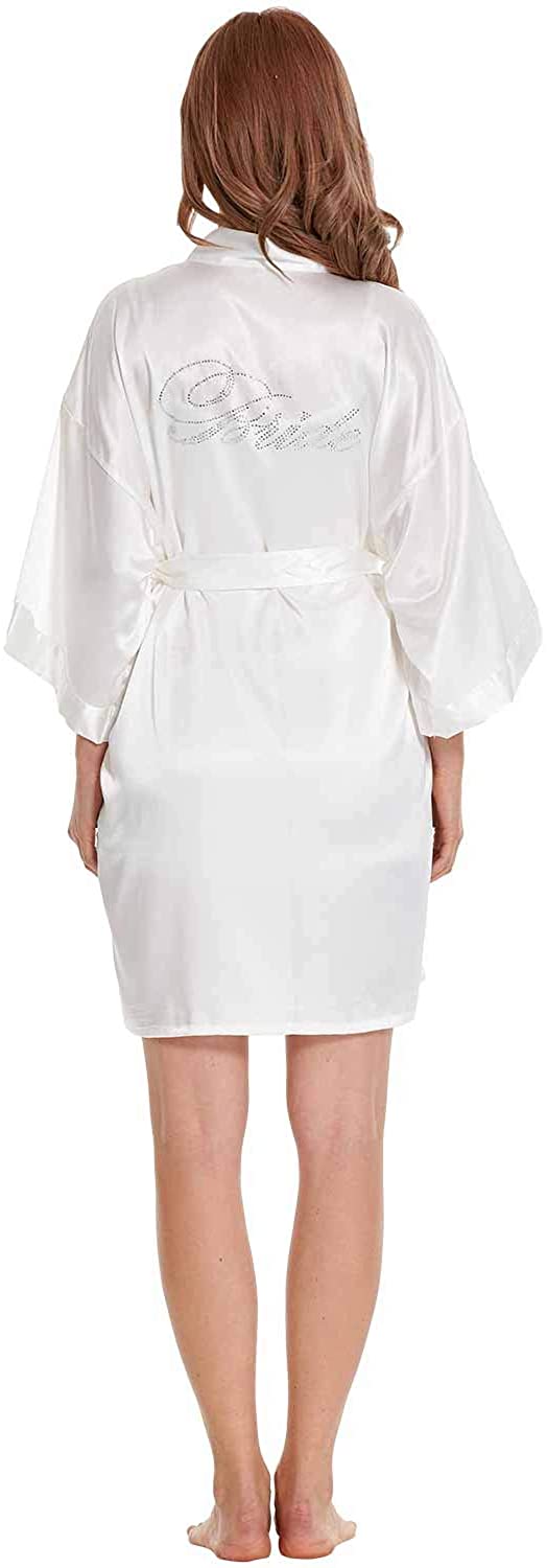 Price:$12.99 CHOICE99 Women's Bride Robe Short Kimono Robe Silk Satin Robes for Wedding Gifts with Gold Glitter … at Amazon Women’s Clothing store