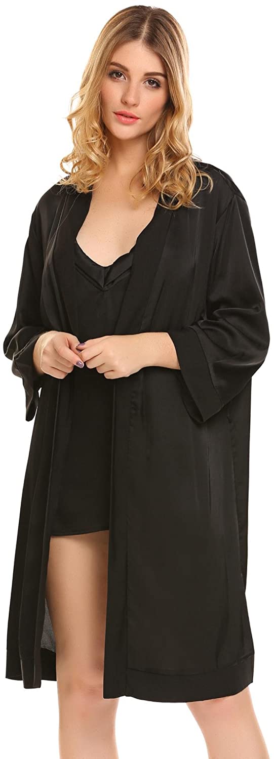 Price:$15.99 Langle Women's 2 Pieces Nightgown and Robe Set Silk Robe Pajamas Sets with Belt and Eye Mask S-XXL at Amazon Women’s Clothing store