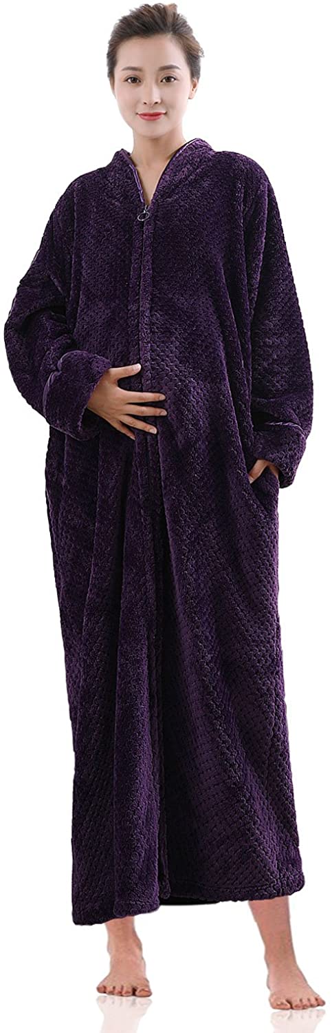 Price:$24.99 Womens Fleece Bath Robe, Plush Soft Warm Long Terry Bathrobe Full Length Sleepwear Plus Size Zip-Front Bathrobe at Amazon Women’s Clothing store