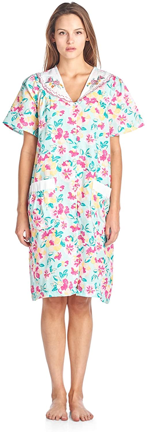 Price:$16.99 Casual Nights Women's Snap Front House Dress Short Sleeve Woven Housecoat Duster Lounger Robe, Green, Large at Amazon Women’s Clothing store