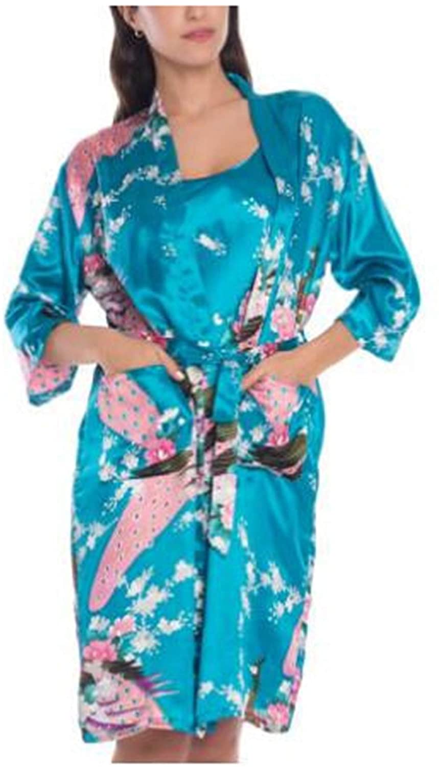 Price:$18.27 2 Piece Set Women Silk Peacock Kimono Robes Sexy Lingerie Women Wedding Party Robe at Amazon Women’s Clothing store