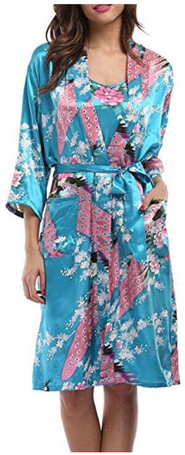Price:$18.99 2 Piece Set Women Silk Peacock Kimono Robes Sexy Lingerie Wedding Party Bridesmaid Robe Satin Nightgown Bathrobe at Amazon Women’s Clothing store