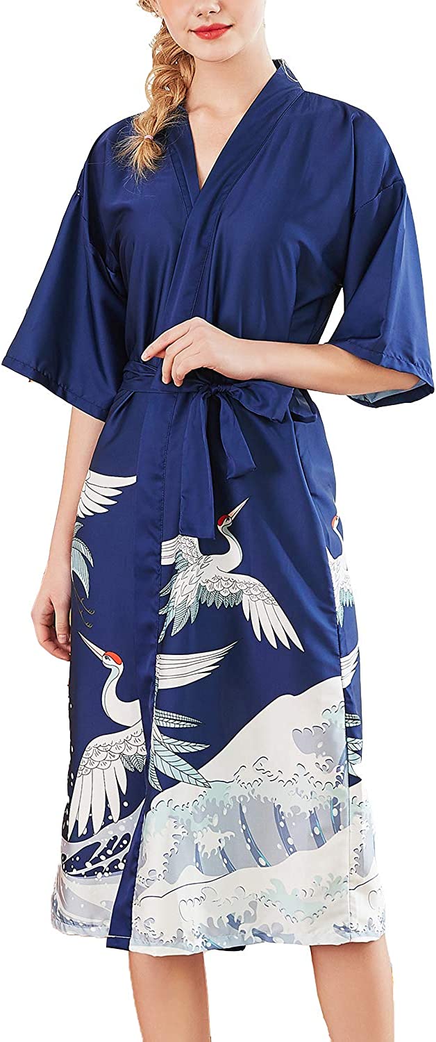 Price:$21.99 Lu's Chic Women's Satin Kimono Robe Long Silky Luxury Loungewear Crane Soft Spa Hotel Bathrobe at Amazon Women’s Clothing store