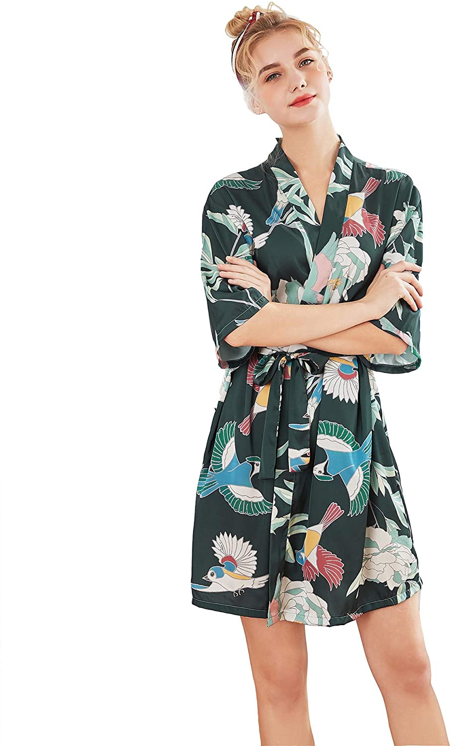 Price:$16.99 EZ-Joyce Women's Bridesmaid Robes Short Floral Satin Kimono Robe Dressing Gown at Amazon Women’s Clothing store