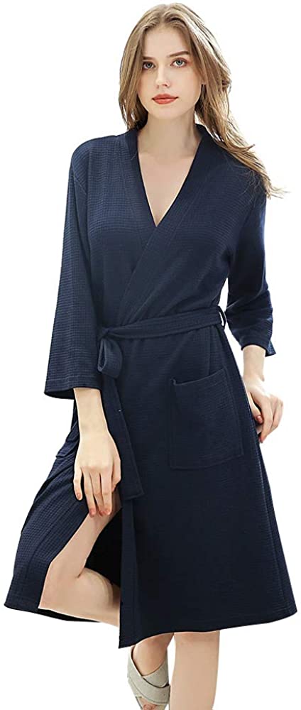 Price:$24.99 Womens Spa Robe-Cotton Lightweight Bathrobe Kimono Waffle Bath Robe Navy at Amazon Women’s Clothing store