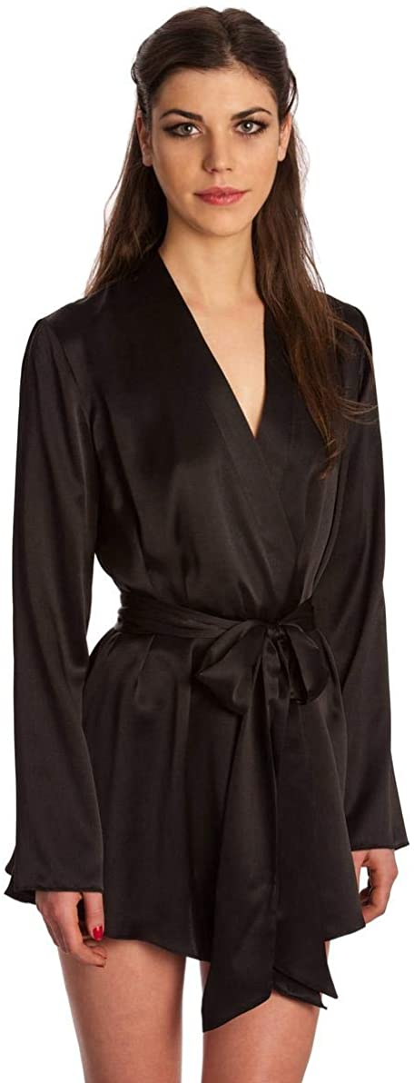 Price:$55.90 BathGown Women's Robe with Luxury Kimono Wrap Black in Silk Satin with Handkerchief Hem Vintage Inspired Retro Style at Amazon Women’s Clothing store