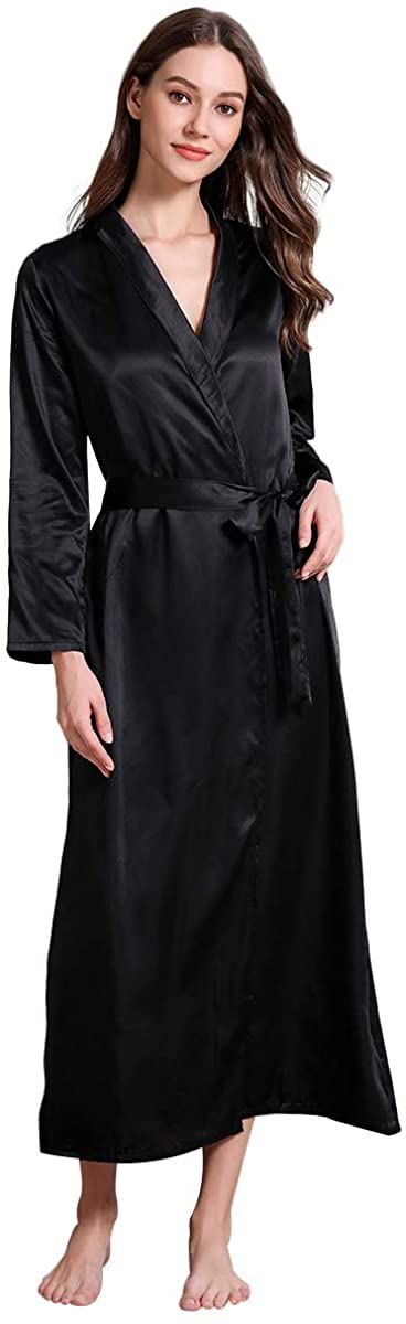 Price:$25.99 KUREAS Women's Kimono Robes Satin Lightweight Long Robe Knit Bathrobe Sleepwear V-Neck Ladies Loungewear at Amazon Women’s Clothing store