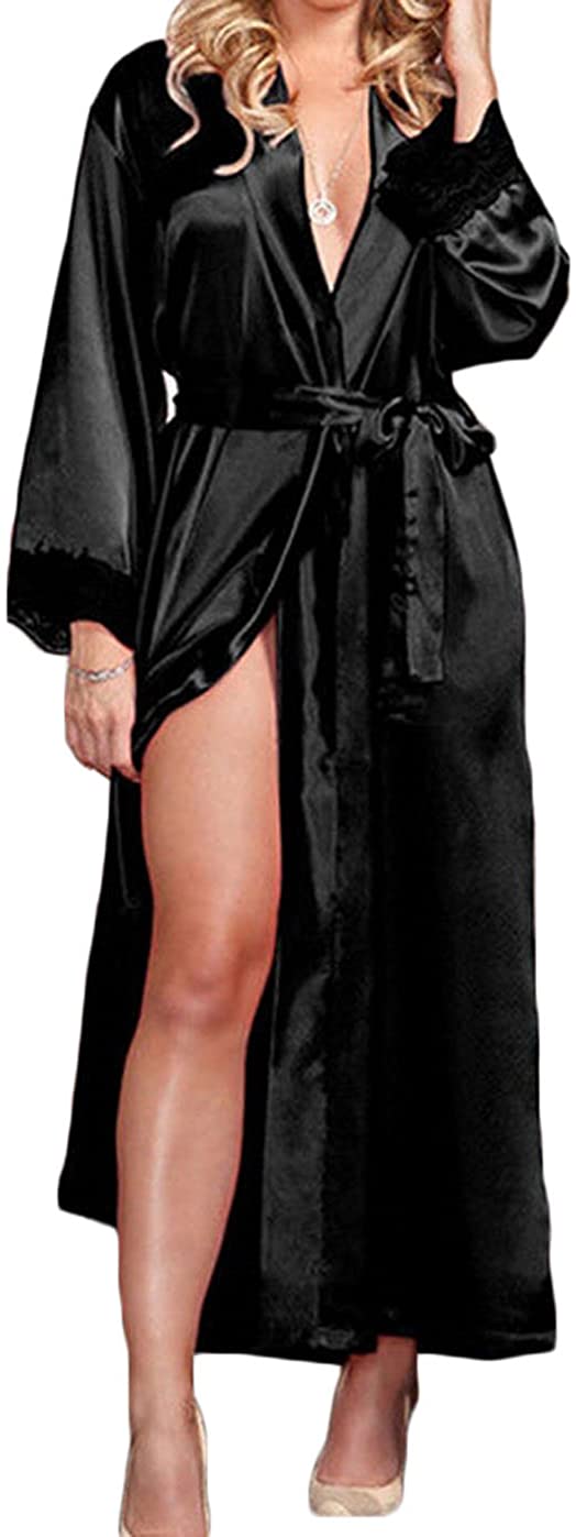 Price:$6.99 Tomblin Women's Pure Color Lace Satin Kimono Long Robe Silk Bridal Bridesmaid Robe (one Size fits Most, Black) at Amazon Women’s Clothing store
