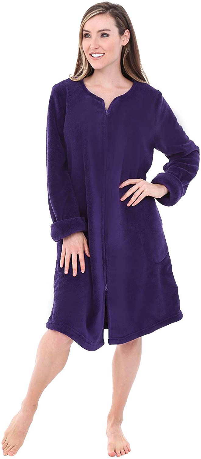 Price:$44.99 Alexander Del Rossa Womens Fleece Robe, Mid-Length Zip-Front Bathrobe at Amazon Women’s Clothing store