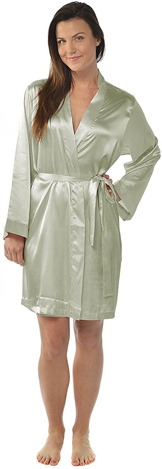 Price:$14.96 Leisureland Women's Kimono Satin Robe, Solid Dressing Gown, Knee Length Robe at Amazon Women’s Clothing store