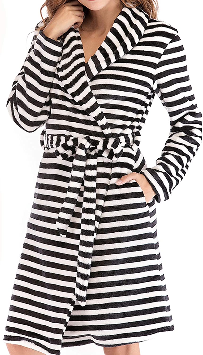 Price:$22.99 SUNNYME Robes for Women Flannel Plush Kimono Robes Soft Warm Stripe Short Bathrobe Pajamas Sleepwear Loungewear at Amazon Women’s Clothing store