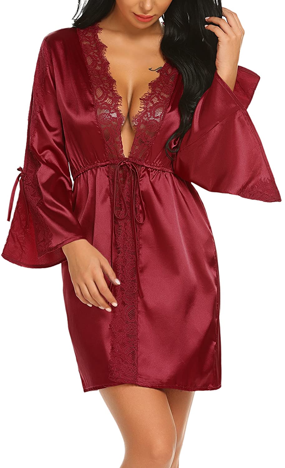 Price:$16.99 ELOVER Women's Sexy Lace Trim Kimono Robe Nightwear Nightgown Sleepwear Short Satin Robes for Women at Amazon Women’s Clothing store