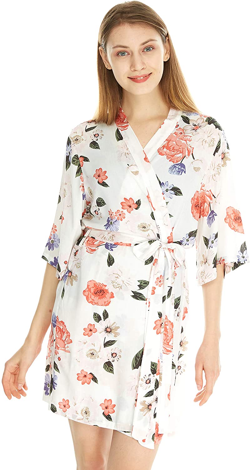Price:$18.99 Women's Floral Bride Bridesmaids Robes, Cotton Wedding Kimono Bridal Dressing Gown Sleepwear at Amazon Women’s Clothing store