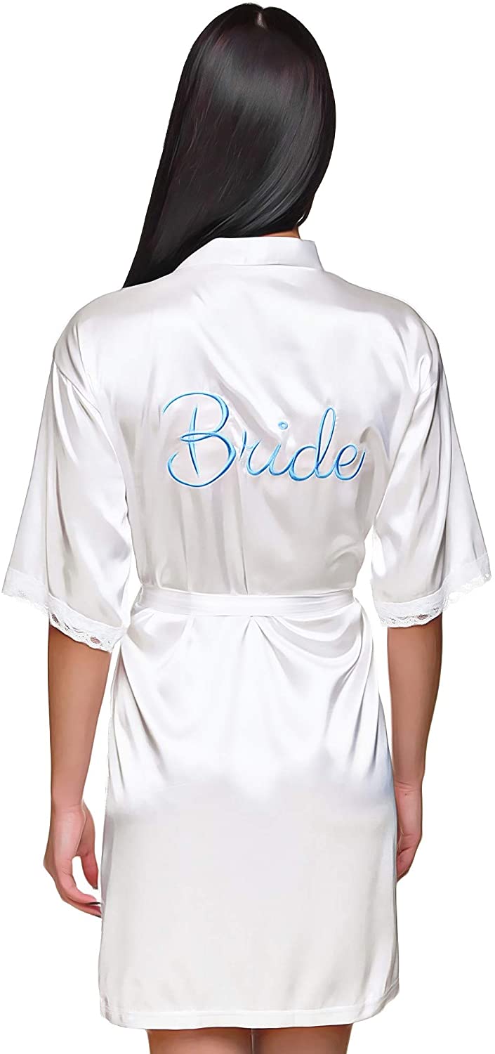 Price:$23.99 Satin Bridal Kimono Robe for Bride, Lace on Sleeves and Title Embroidered on Back, Wedding Morning Dressing Gown at Amazon Women’s Clothing store