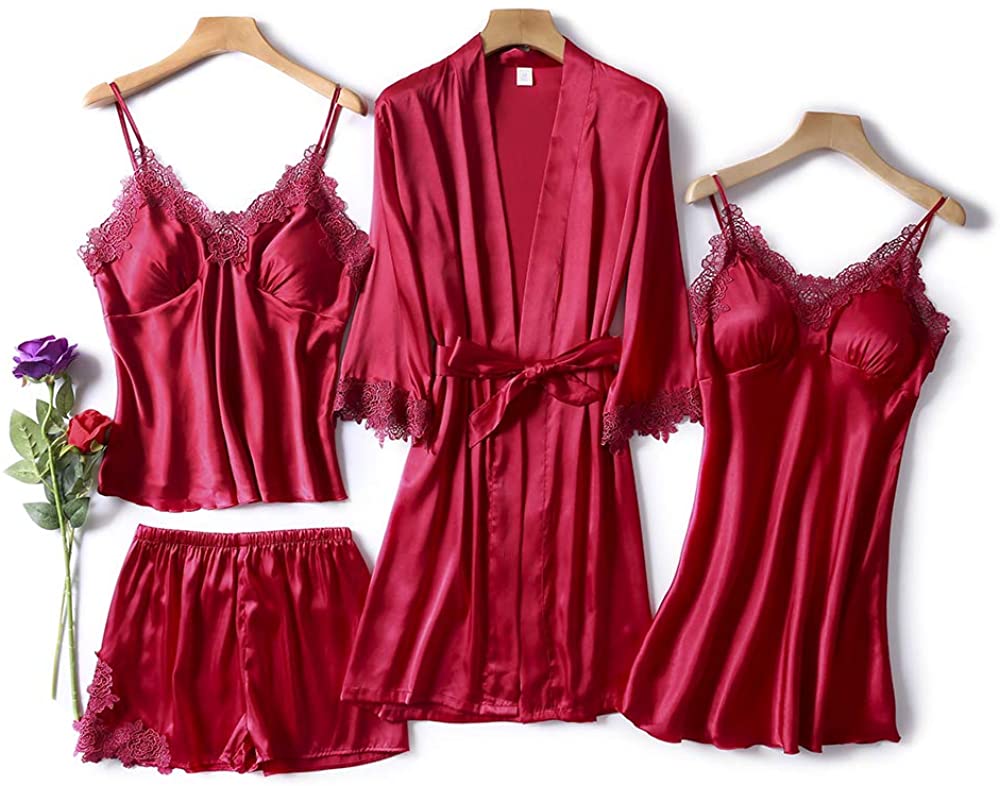 Price:$28.99 YOUTH UNION 4 Piece Sexy Pajamas Set Women Silk Satin Robe Lace Sling Sleepwear Nightgown Suit for Spring Summer at Amazon Women’s Clothing store