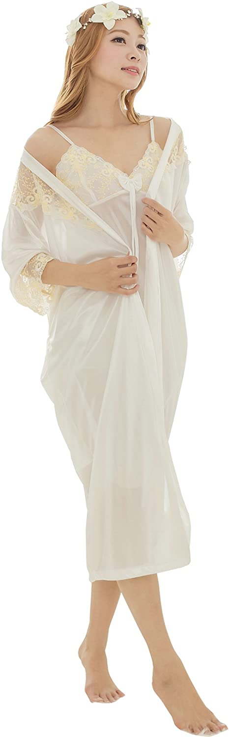 Price:$12.99 Camellia12 Women's Sheer Floral Lace Broidery Chemise Chic 2pcs Satin Robe Set White, One Size at Amazon Women’s Clothing store