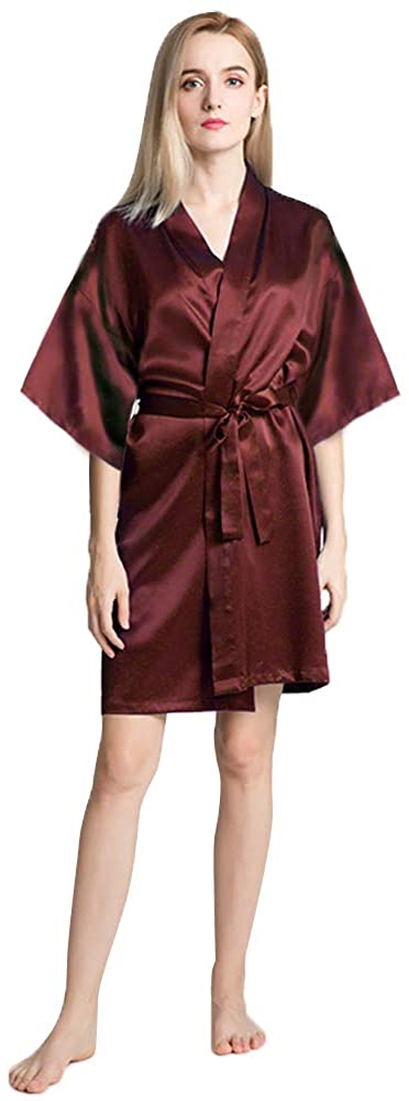 Price:$9.79 Kimono Robe for Womens with V-Neck, Silky Bridal Bathrobe, Solid Color, Red at Amazon Women’s Clothing store