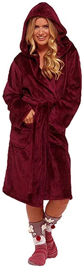 Price:$11.34 Women Hooded Long Sleeve Solid Pocket Soft Warm Comfy Bathrobe Long Plush Fleece Robe with Waist Strap Robes for Ladies at Amazon Women’s Clothing store