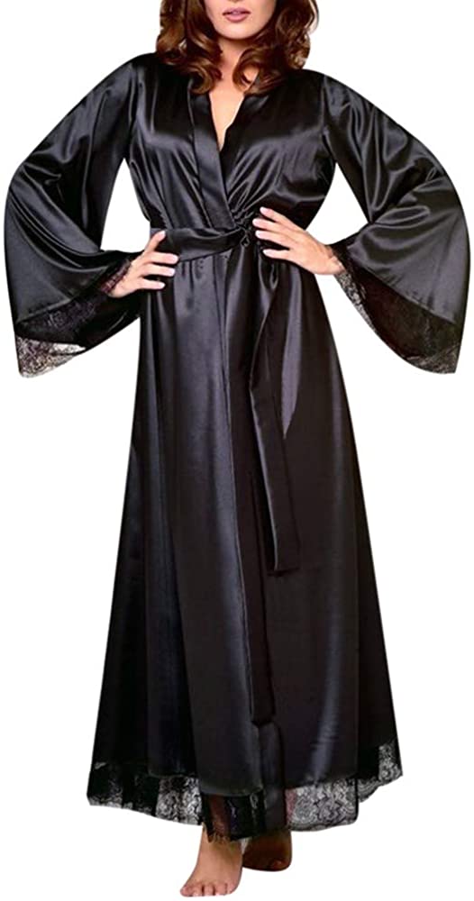 Price:$0.51 Women's Kimono Robe Satin Long Lace Trim Sexy Lingerie Bathrobes Sleepwear Bridesmaid Robes Bridal Robe with G-String at Amazon Women’s Clothing store