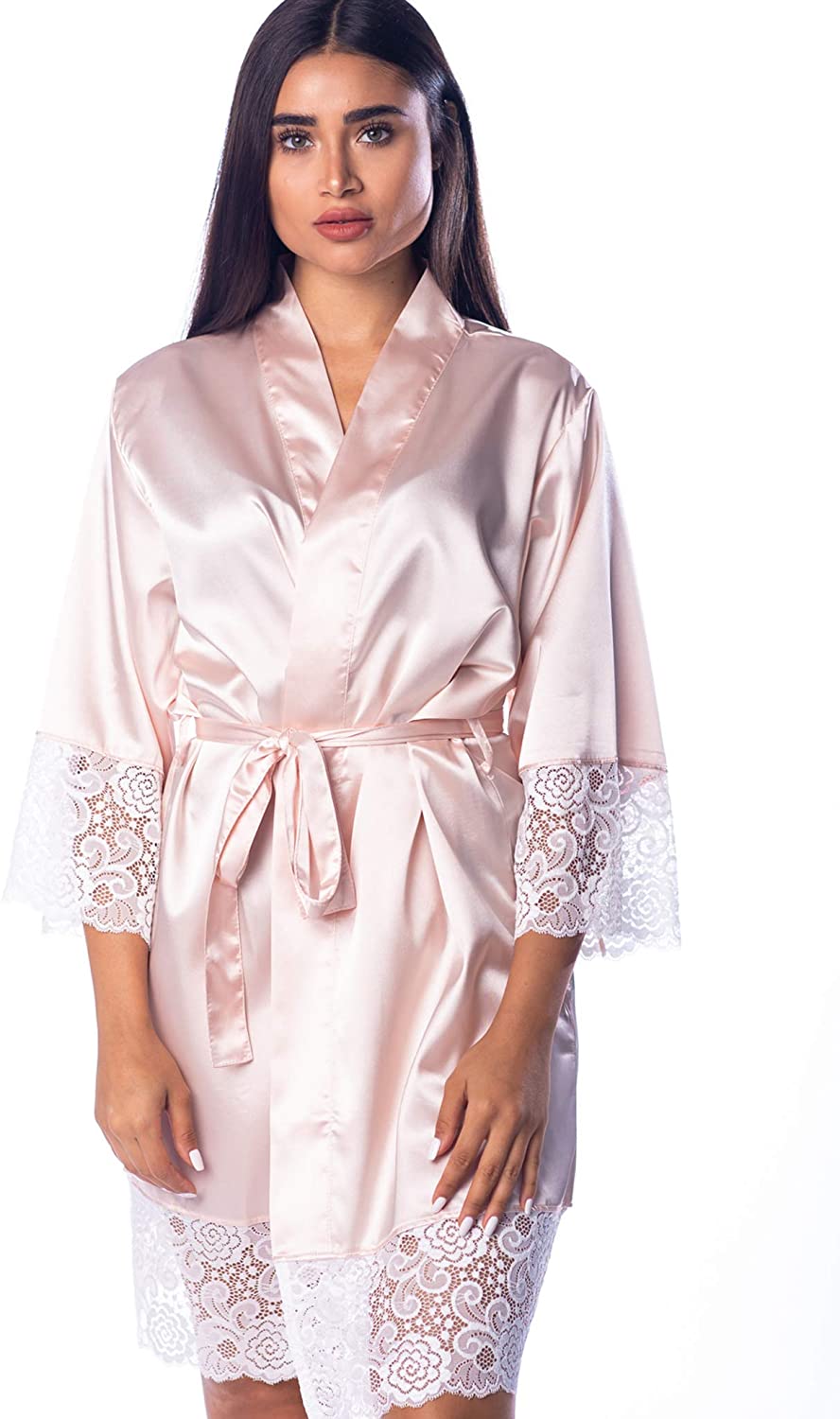 Price:$24.99 Women's Lace Satin Silky Robe Bachelorette Kimono for Bride Bridesmaids Women at Amazon Women’s Clothing store