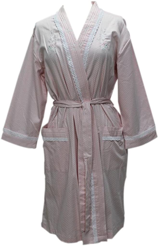 Price:$54.00 Miss Elaine 304743 New Pink & White Cotton Lawn Short Wrap Robe at Amazon Women’s Clothing store