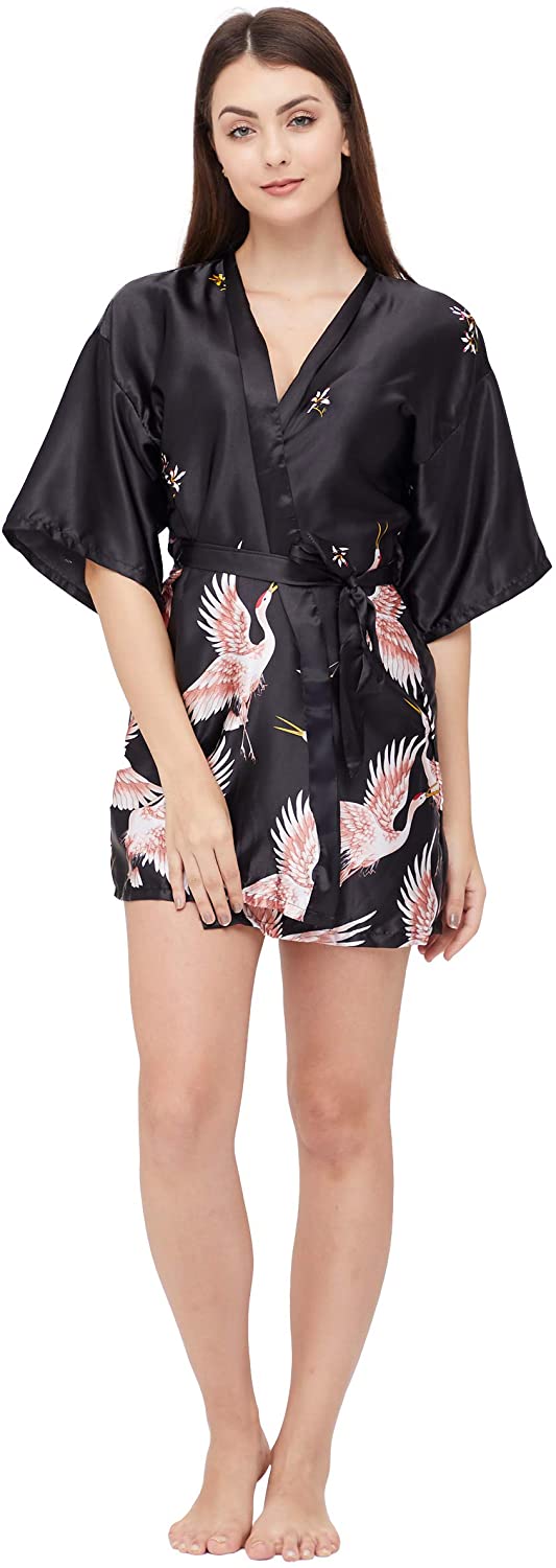 Price:$10.99 Mommesilk Women's Satin Kimono Robes Short Bridesmaids Robes for Wedding Party Sleepwear Bathrobe at Amazon Women’s Clothing store