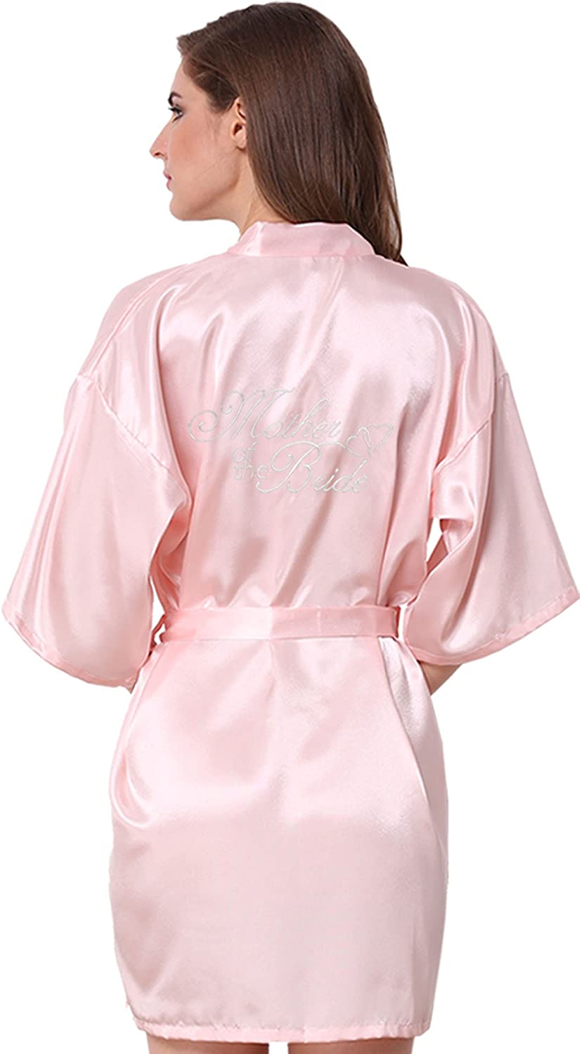 Price:$10.99 JOYTTON Women Satin Kimono Wedding Party Robe with Embroidered Bride Bridesmaid at Amazon Women’s Clothing store