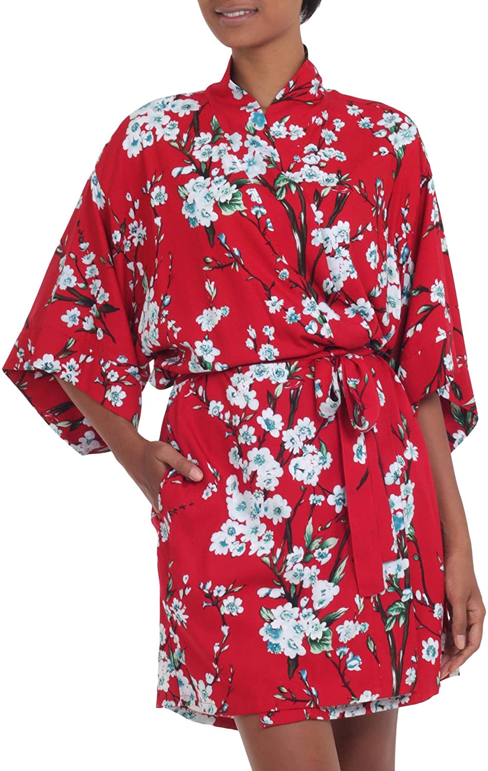 Price:$49.99 NOVICA Red and White Floral Rayon Robe, Holy Jasmine' at Amazon Women’s Clothing store