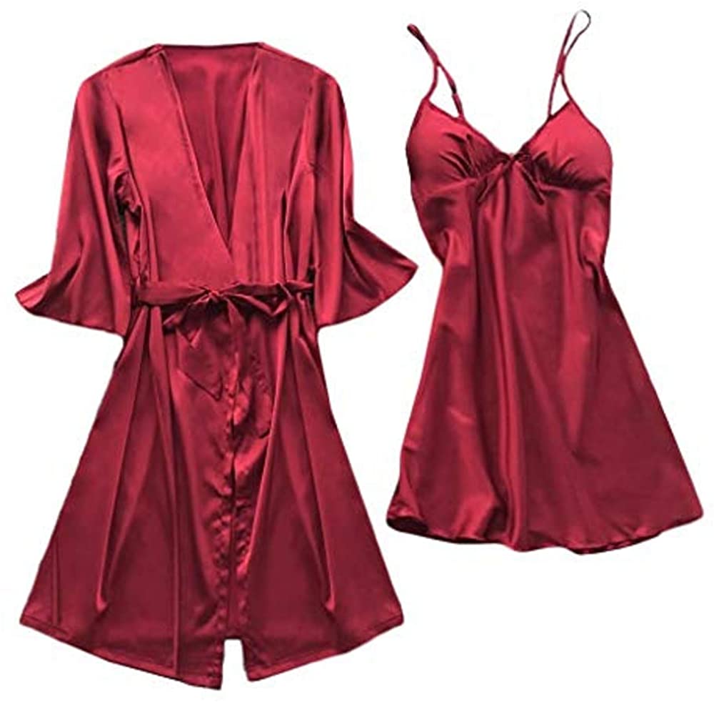 Price:$0.01 Lingerie Sleepwear for Women Satin Silk Nightdress Robe Pajamas Bathrobe Set Silky Soft Underwear Pajama WEI MOLO at Amazon Women’s Clothing store