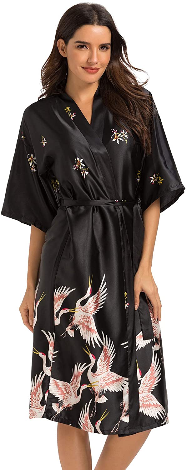 Price:$10.99 HOUSEPLANT Women's Satin Robe Long Kimono Bathrobe Printed Sleepwear Lightweight Nightgown at Amazon Women’s Clothing store