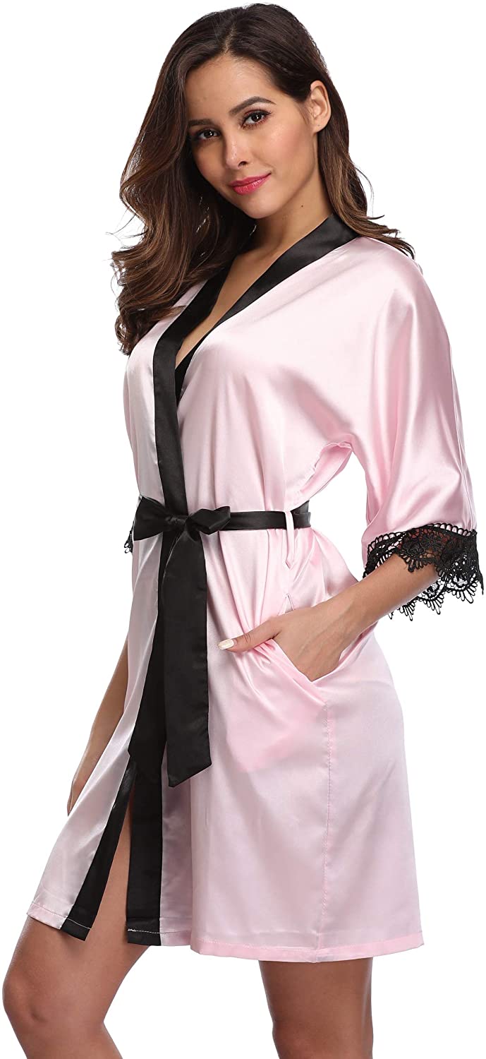 Price:$9.99 Joy Bridalc Women's Satin Short Kimono Robe Bride Bridesmaid Robes Dresses Gown at Amazon Women’s Clothing store