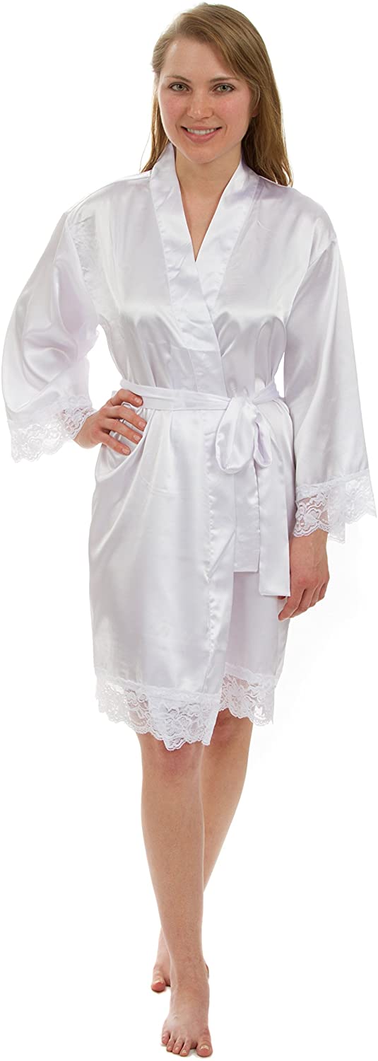 Price:$22.86 Leisureland Lace Elastic Satin Kimono Short Robe White at Amazon Women’s Clothing store
