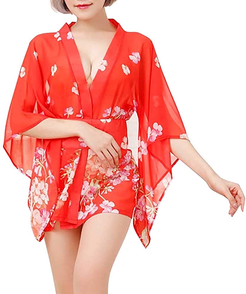 Price:$15.37 Women's Sexy Sheer Kimono Lingerie Pink Floral Print Chiffon Kimono Robe Sleepwear Bathrobe Summer Nightdress Sleeping Gown (Red Peach Blossom) at Amazon Women’s Clothing store