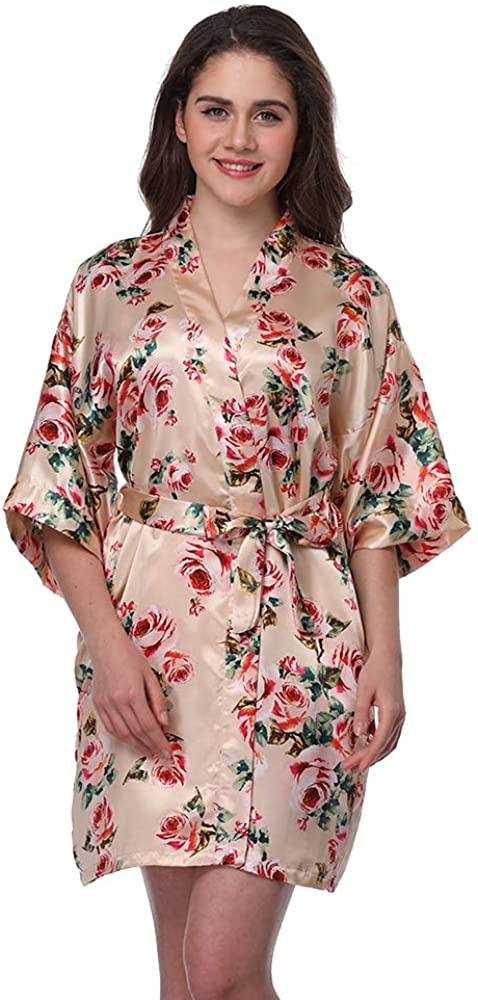 Price:$9.99 Women's Robe Short Robes Lightweight Imitation Silk Sleepwear V-Neck Floral Bathrobe for Women at Amazon Women’s Clothing store