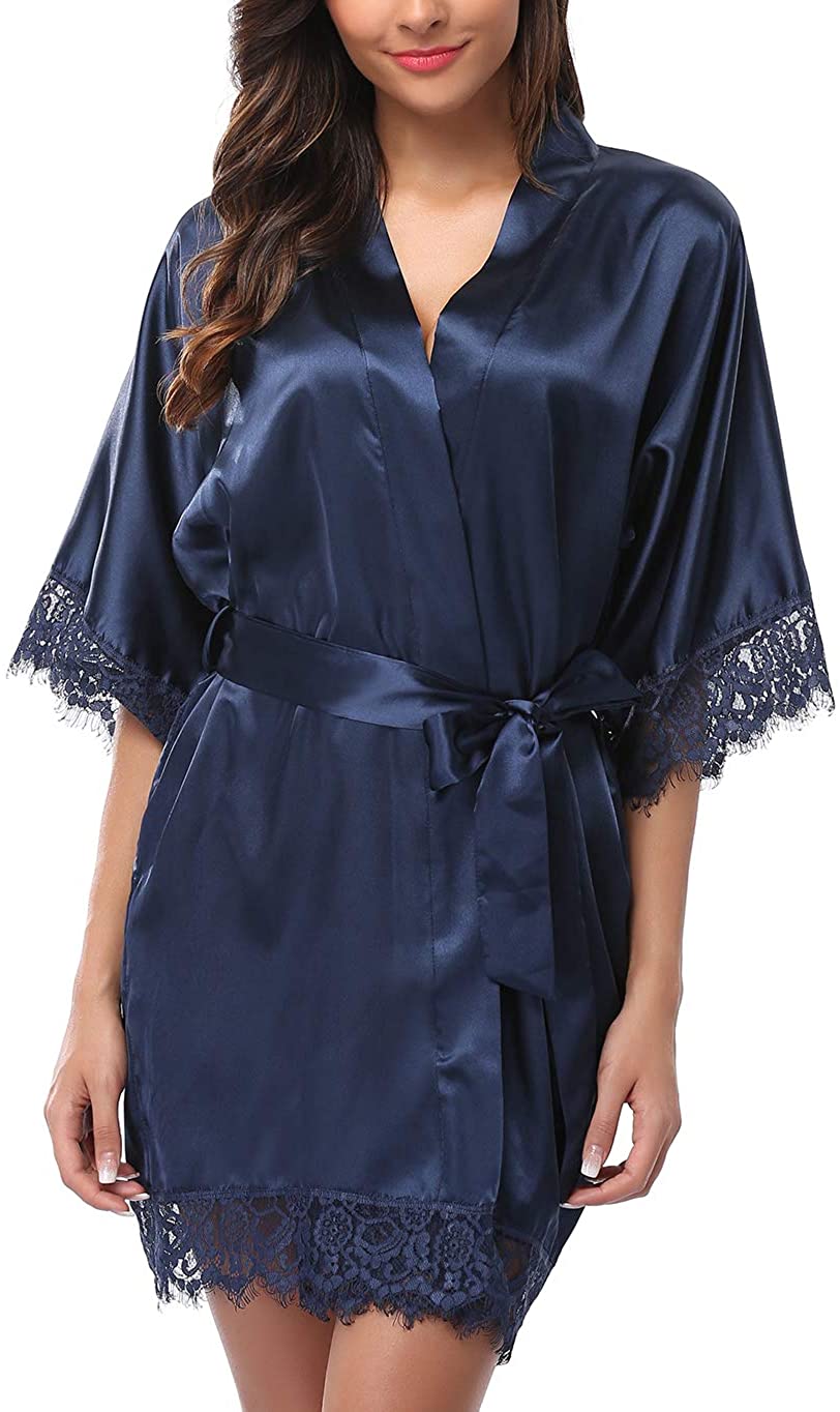 Price:$16.99 UrHot Women's Lace Trim Kimono Robe Satin Short Sleepwear Wedding Robe at Amazon Women’s Clothing store