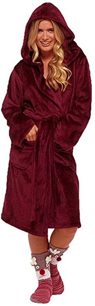 Price:$41.99 Long Hooded Bathrobe for Women's, Plush Coral Velvet Kimono Robe Soft Thicken Pajamas Shower Nightgown at Amazon Women’s Clothing store
