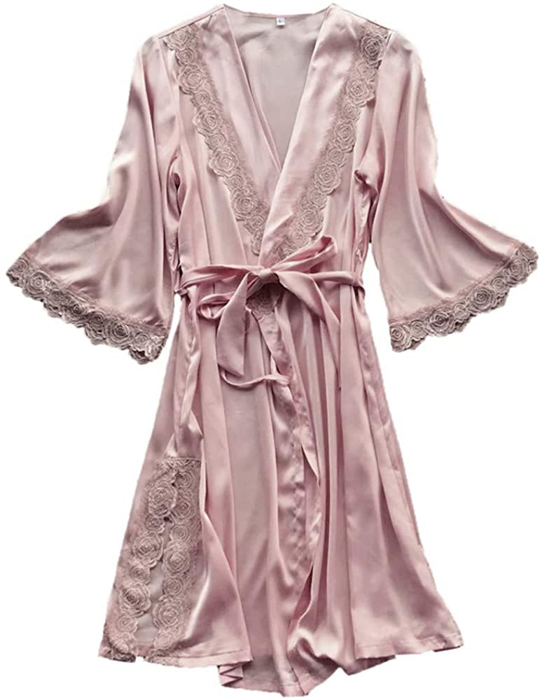 Price:$1.79 Women Lingerie, Women's Rose Lace Sleepwear Satin Silk Long Nightgown with Belt Bathrobe at Amazon Women’s Clothing store