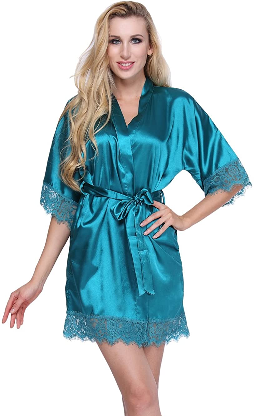 Price:$9.99 expressbuynow Women's Satin Kimono Robe Short Bridemaids Robe with Lace Trim at Amazon Women’s Clothing store