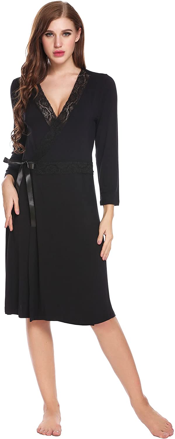 Price:$14.99 Ekouaer Womens Robes Sexy Lace Trim Kimono Robe Knit Sleepwear Lightweight Long Sleeve Nightwear at Amazon Women’s Clothing store