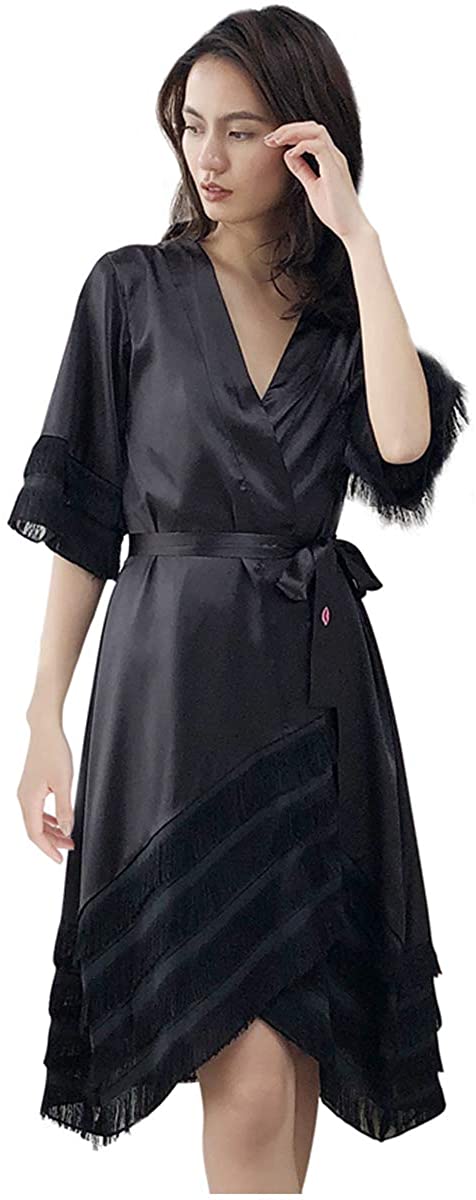 Price:$18.99 LICKLIP Tassel Robe Asymmetric Kimono Cardigan Silk Satin Fringe Bathrobe Women at Amazon Women’s Clothing store