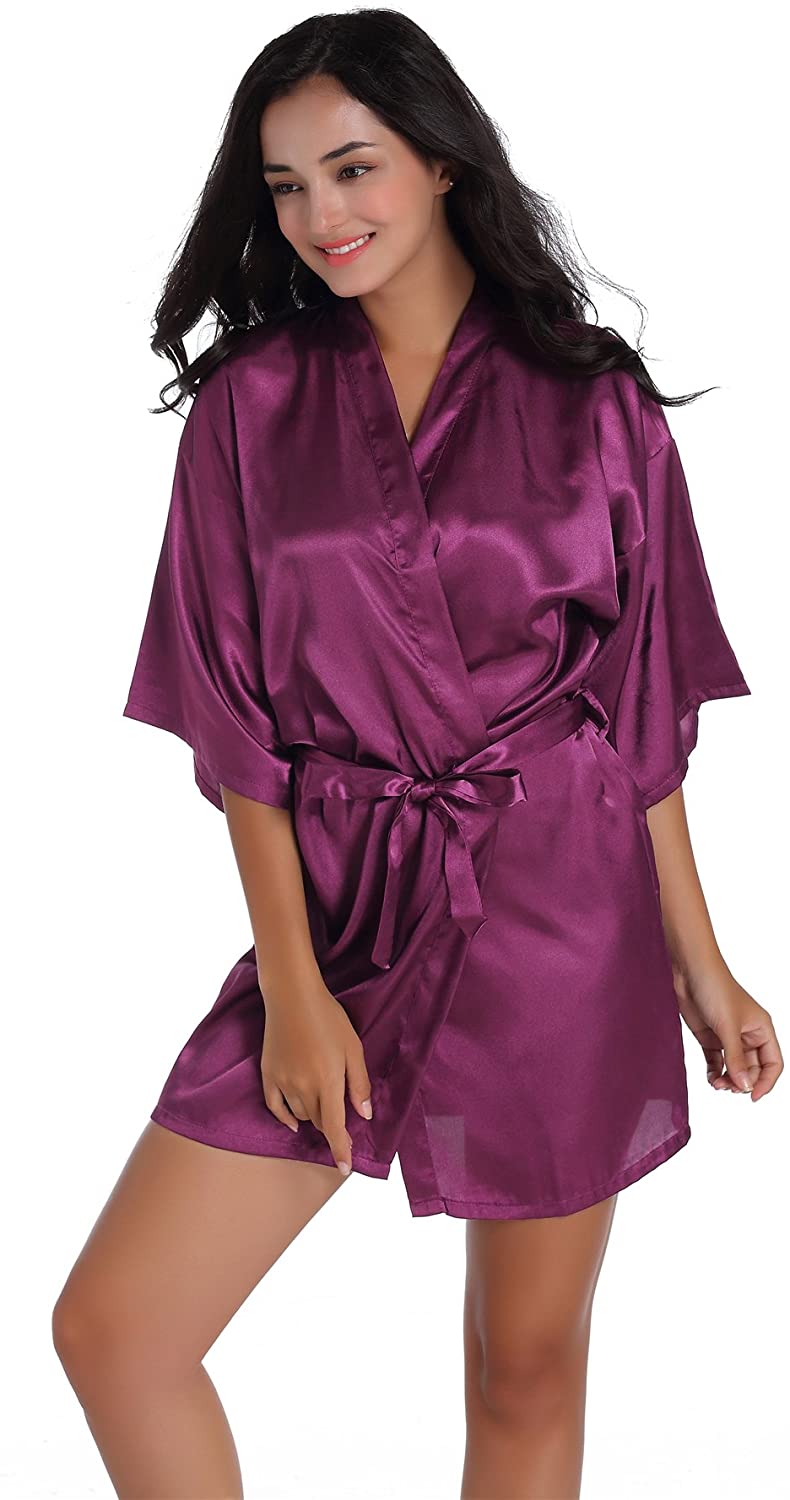 Price:$8.99 FYSTORE Women's Kimono Robes Satin Pure Colour Short Style with Oblique V-Neck Robe for Bridesmaid Wedding Short Sleeve at Amazon Women’s Clothing store