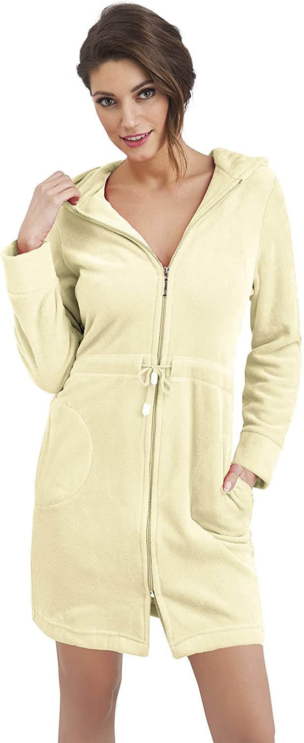 Price:$33.80 Womens Zip Up Cotton Housecoat Dressing Gown Hooded Bathrobe at Amazon Women’s Clothing store